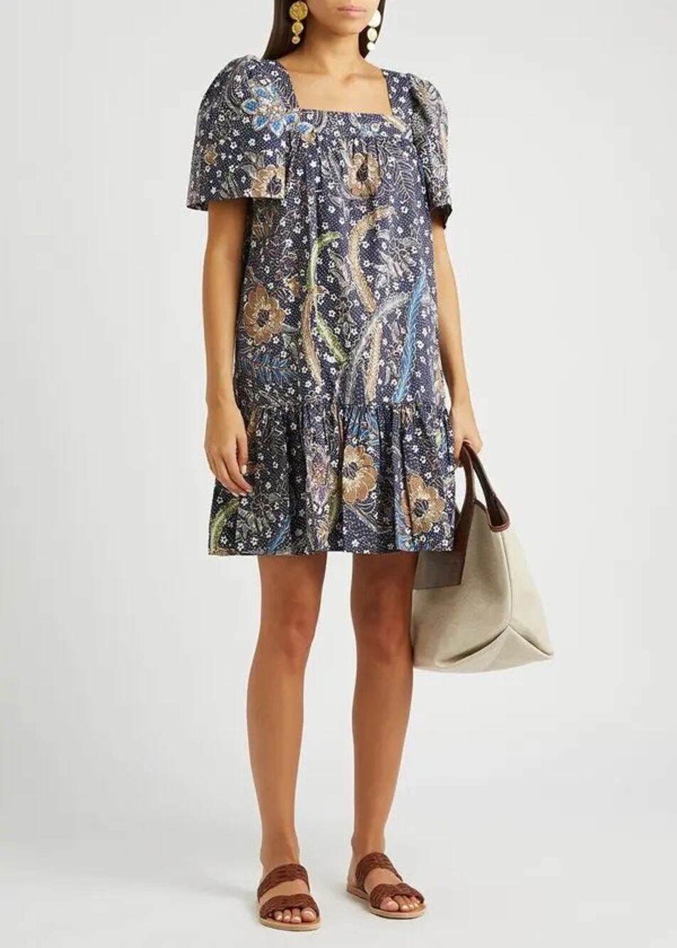 CARA CARA Janie Printed Cotton Mini Dress Size XS Puff Sleeves Square Neck Batik
